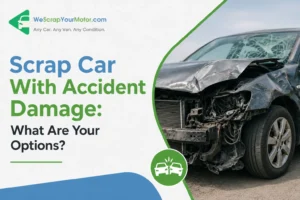 Accident-damaged car ready for scrap collection in the UK