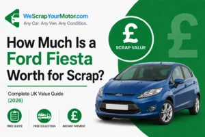 Blue Ford Fiesta ready for scrapping at an authorised UK vehicle recycling centre