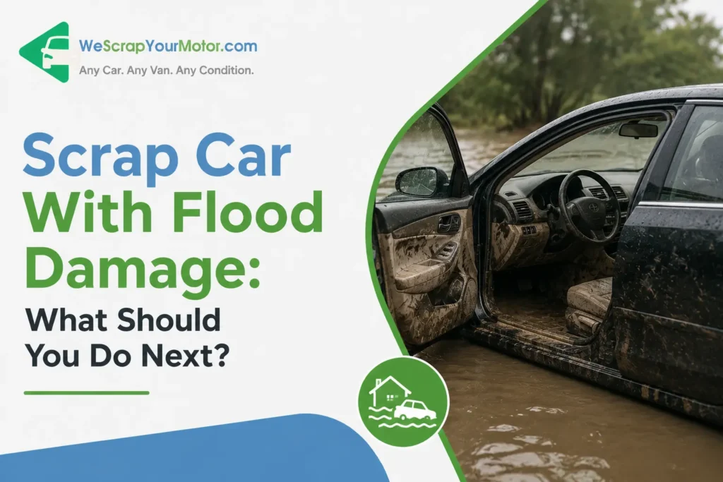 Flood-damaged car awaiting recovery in the UK