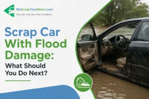 Flood-damaged car awaiting recovery in the UK