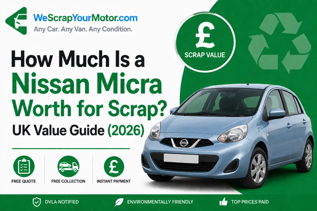 Red Nissan Micra being collected by a licensed UK scrap car recycling company