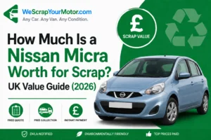 Red Nissan Micra being collected by a licensed UK scrap car recycling company