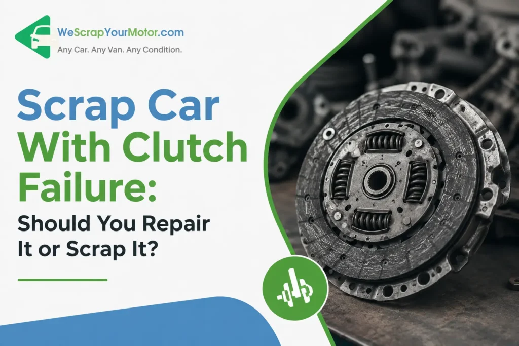Scrap car with clutch failure awaiting collection