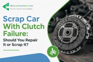 Scrap car with clutch failure awaiting collection