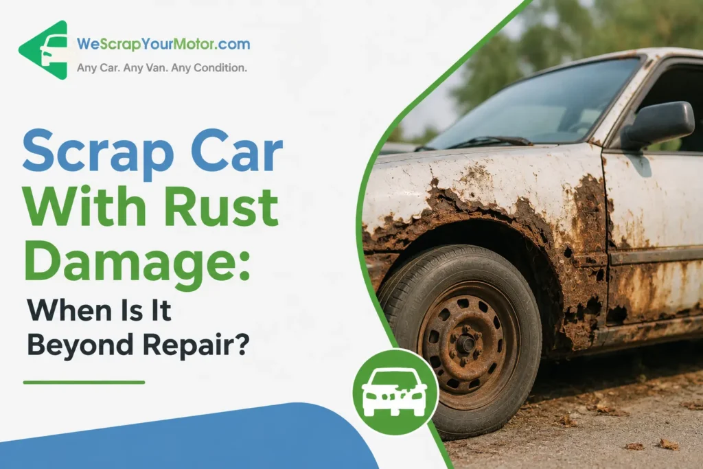 Scrap car with extensive rust at an authorised treatment facility