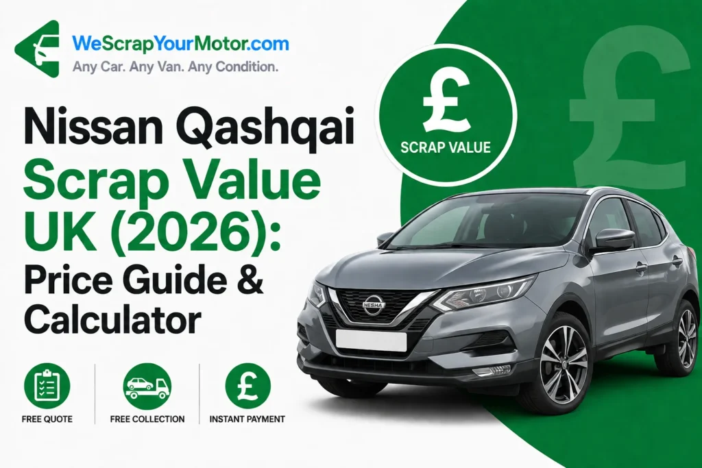 White Nissan Qashqai being collected for recycling by a licensed UK scrap car company