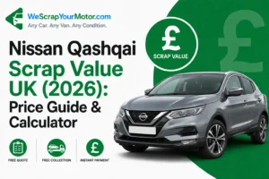 White Nissan Qashqai being collected for recycling by a licensed UK scrap car company